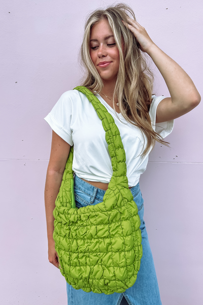 Lime Green Quilted Carryall Bag- Quilted Shoulder Bag- FP Quilted Bag Dupe