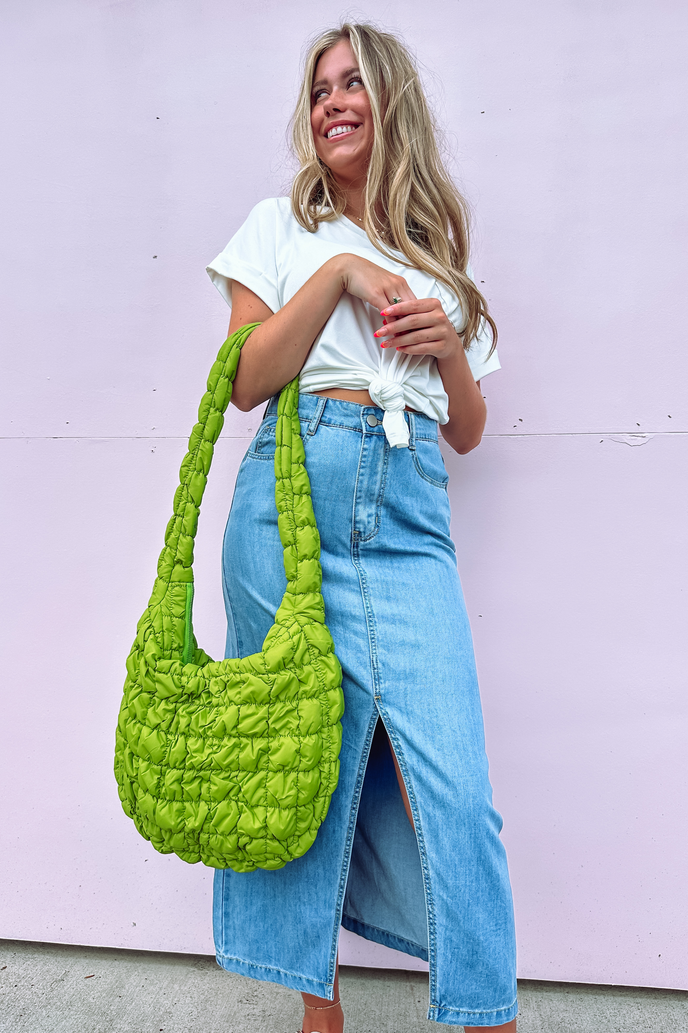 Lime Green Quilted Carryall Bag- Quilted Shoulder Bag- FP Quilted Bag Dupe