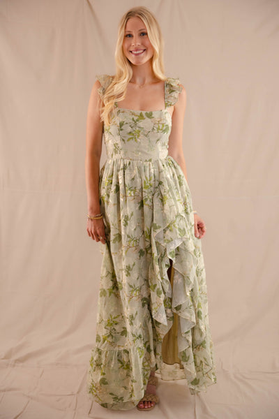 Green Rose Print Dress- High-Low Maxi Dress- Storia Floral Print Dress