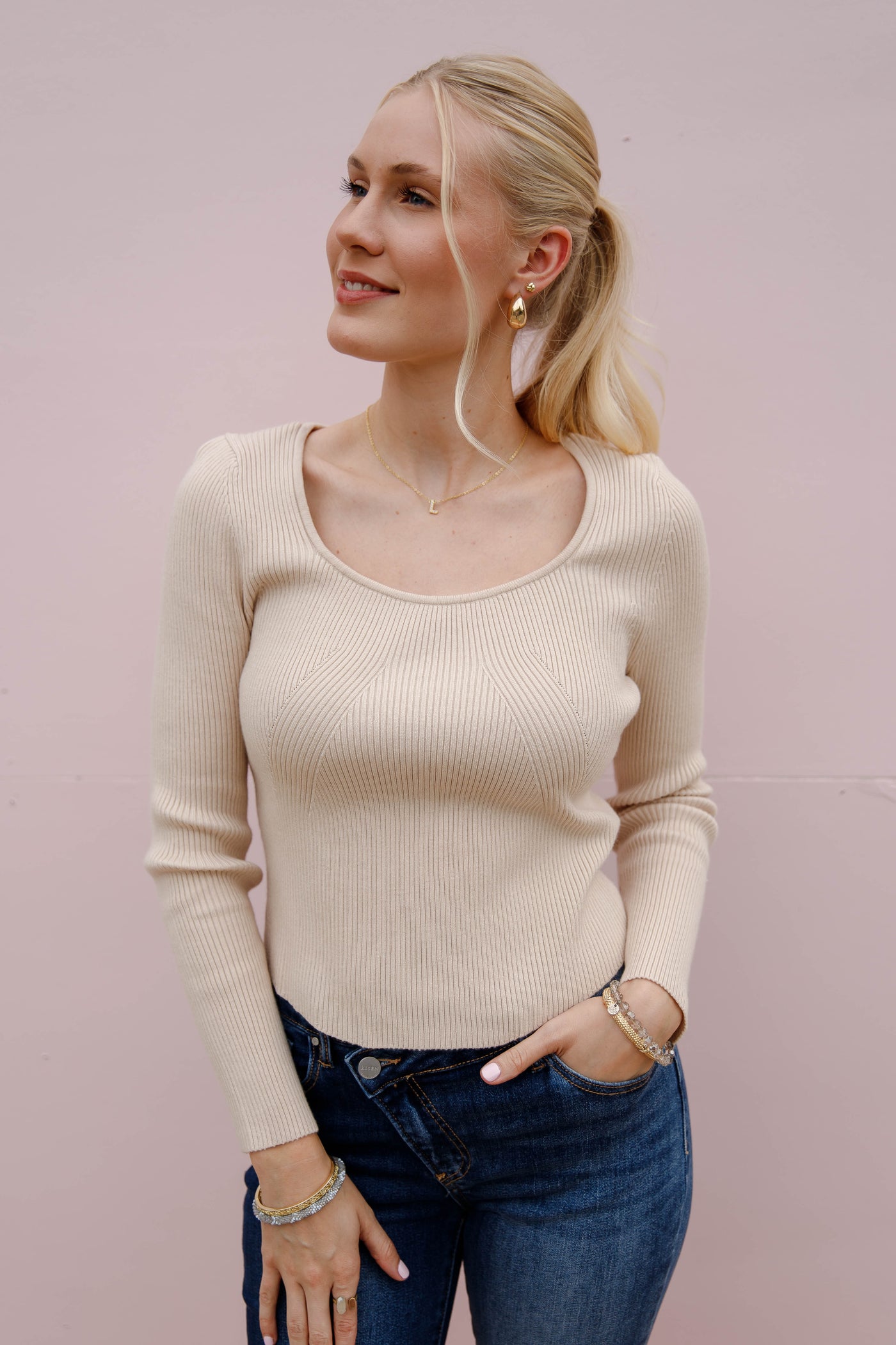 Women's Ribbed Long Sleeve- Women's Oatmeal Basic Top- Be Cool Basic Ribbed Top