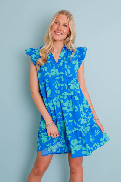 Blue and Green Floral Dress- Women's Vacation Dresses- Umgee Blue Dress