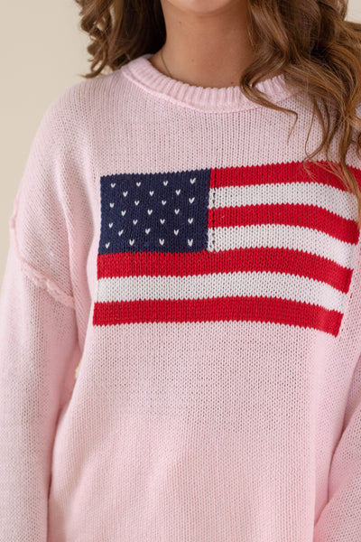 Women's American Flag Sweater- Pink Flag Sweater- Americana Lightweight Sweater