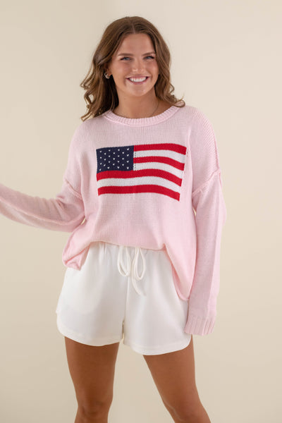 Women's American Flag Sweater- Pink Flag Sweater- Americana Lightweight Sweater