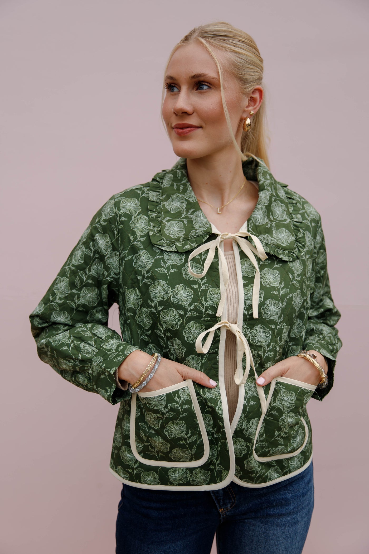 Floral Quilted Tie Jacket- Women's Olive Quilted Jacket- Entro Print Tie Jacket