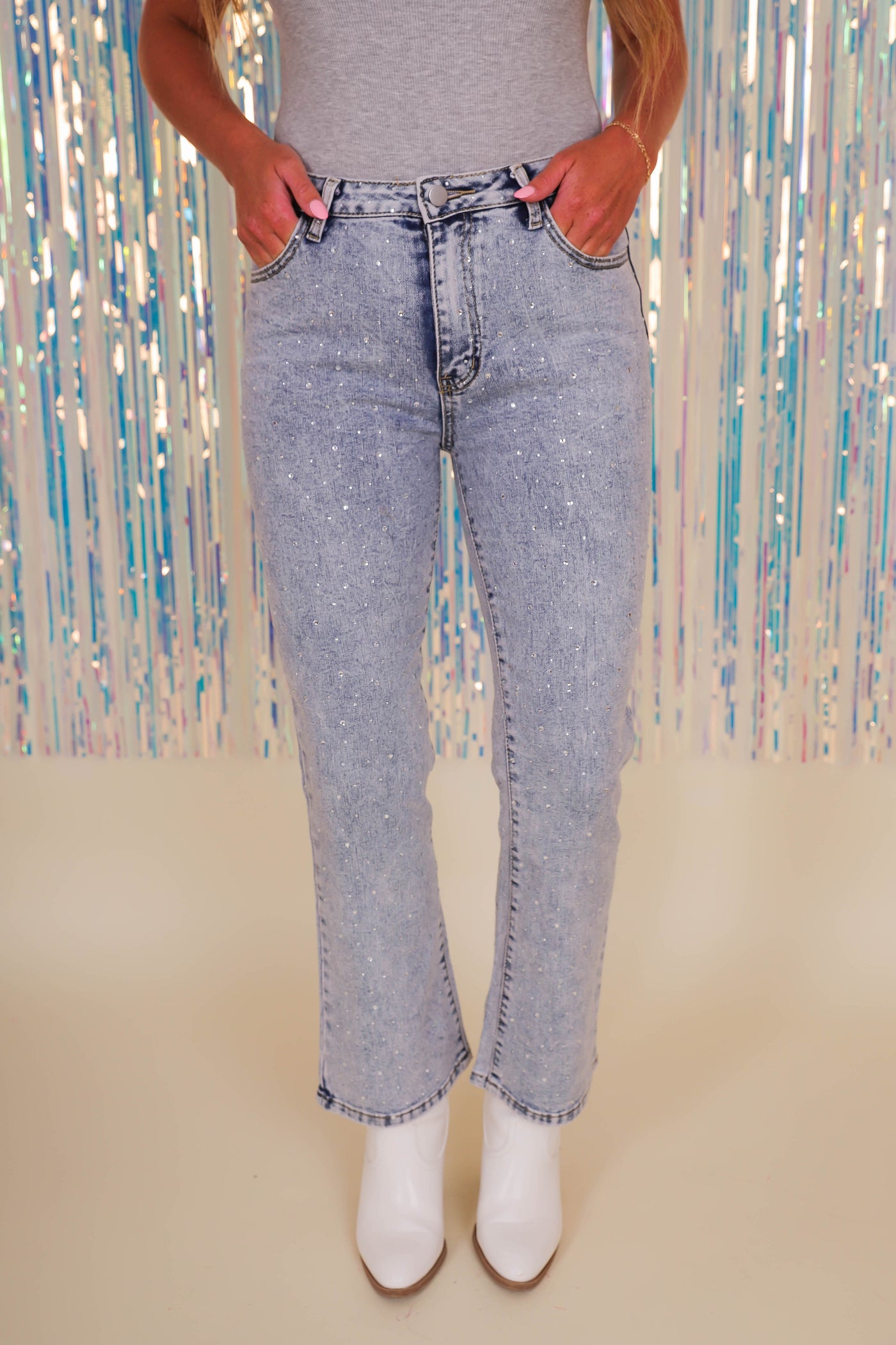 Rhinestone Straight Leg Jeans- Women's Rhinestone Denim- BlueB Rhinestone Jeans