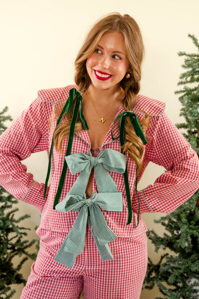 Red Gingham Pajama Top- Women's Preppy Pajama Set- Peach Love Cream Pajamas