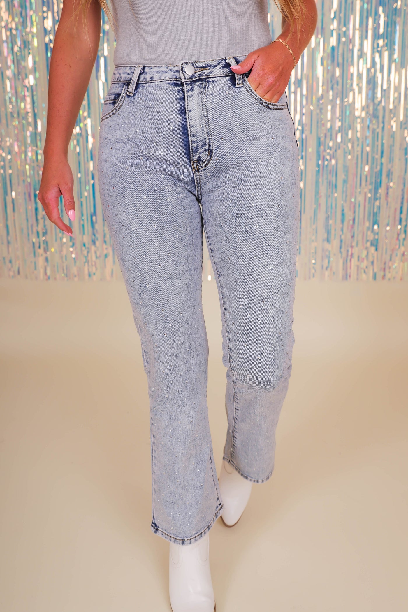 Rhinestone Straight Leg Jeans- Women's Rhinestone Denim- BlueB Rhinestone Jeans