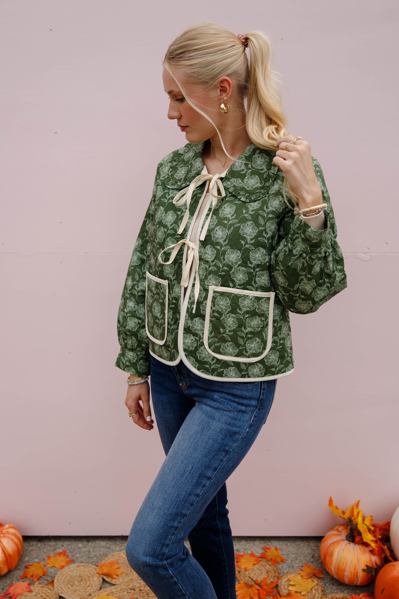 Floral Quilted Tie Jacket- Women's Olive Quilted Jacket- Entro Print Tie Jacket