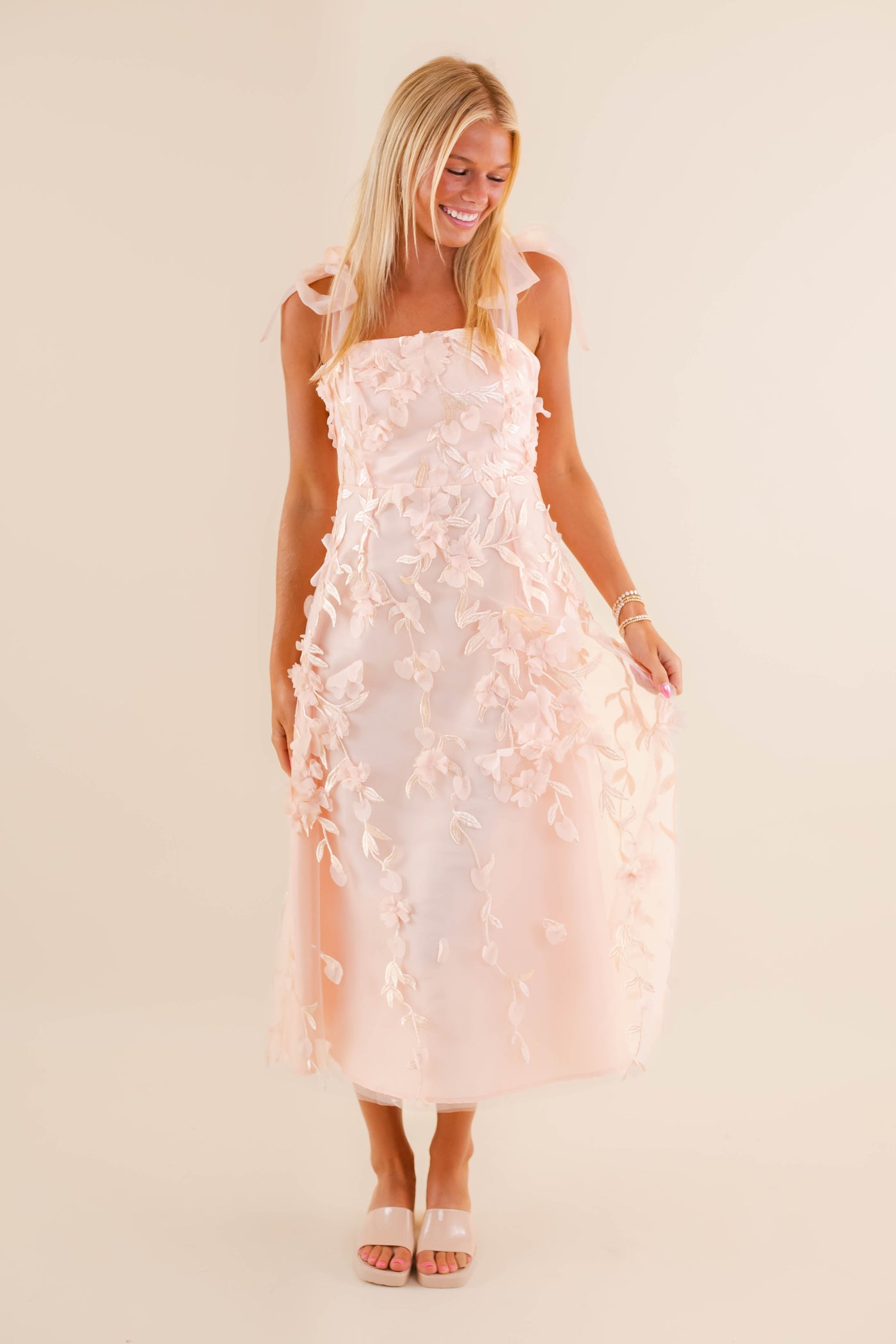 Blush Pink Floral Embroidered Midi Dress- Tulle 3D Flower Dress- Elegant Tulle Dress