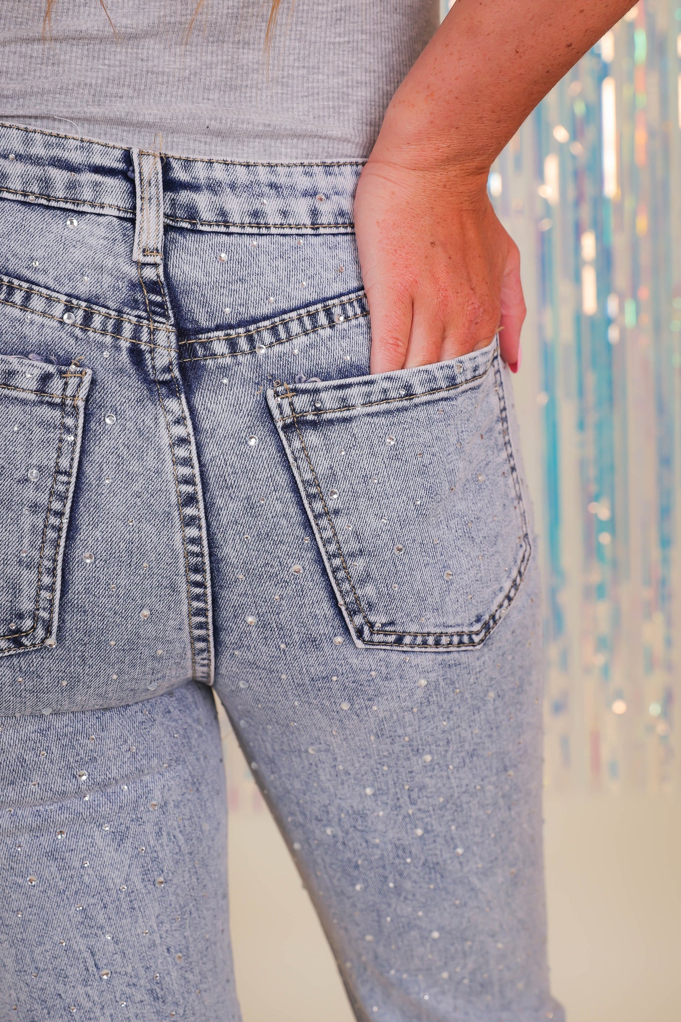 Rhinestone Straight Leg Jeans- Women's Rhinestone Denim- BlueB Rhinestone Jeans