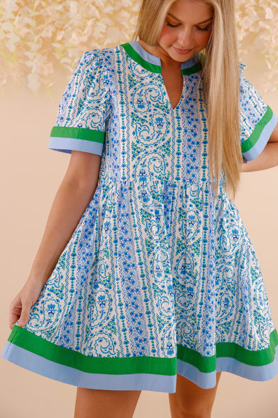 Green and Blue Print Dress- Women's Floral Print Mini Dress- Entro Dresses