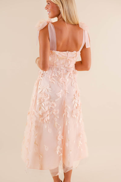 Blush Pink Floral Embroidered Midi Dress- Tulle 3D Flower Dress- Elegant Tulle Dress