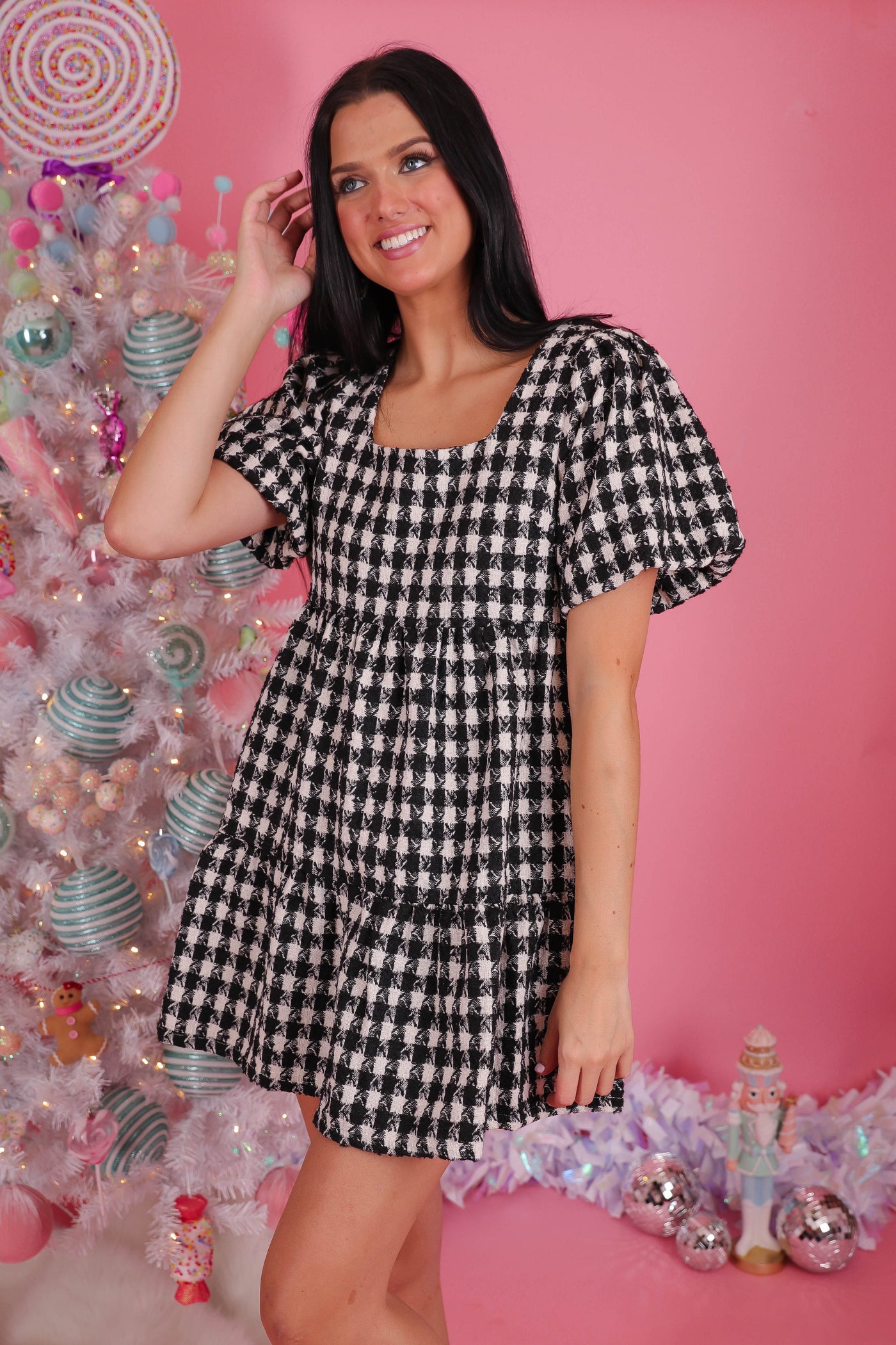 Women's Black and White Tweed Dress- Women's Houndstooth Dress- Entro Dresses