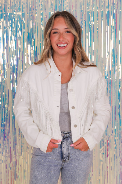 White Denim Rhinestone Jacket- White Rhinestone Fringe Jacket- Bling White Jacket