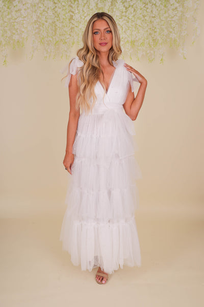 White Pearl Tulle Midi Dress- Bridal Tulle Pearl Dress- Mable Tulle Pearl Midi