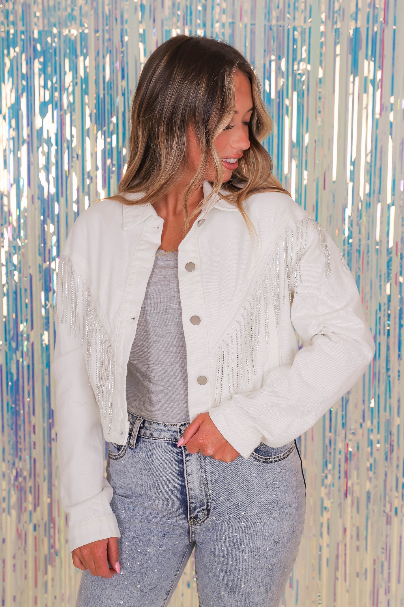 White Denim Rhinestone Jacket- White Rhinestone Fringe Jacket- Bling White Jacket