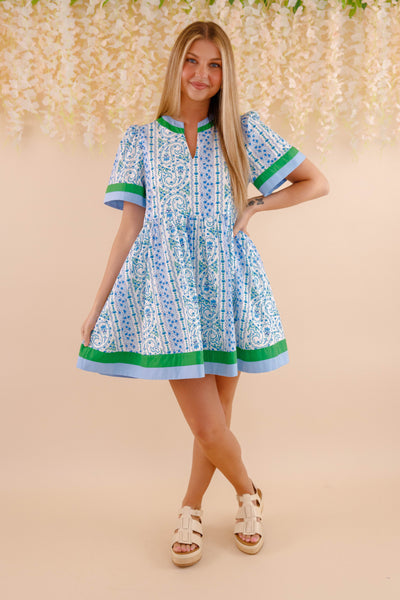 Green and Blue Print Dress- Women's Floral Print Mini Dress- Entro Dresses