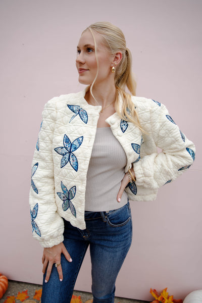 Flower Stitch Quilted Jacket- Women's Patchwork Quilted Jacket- Flower Patch Jacket