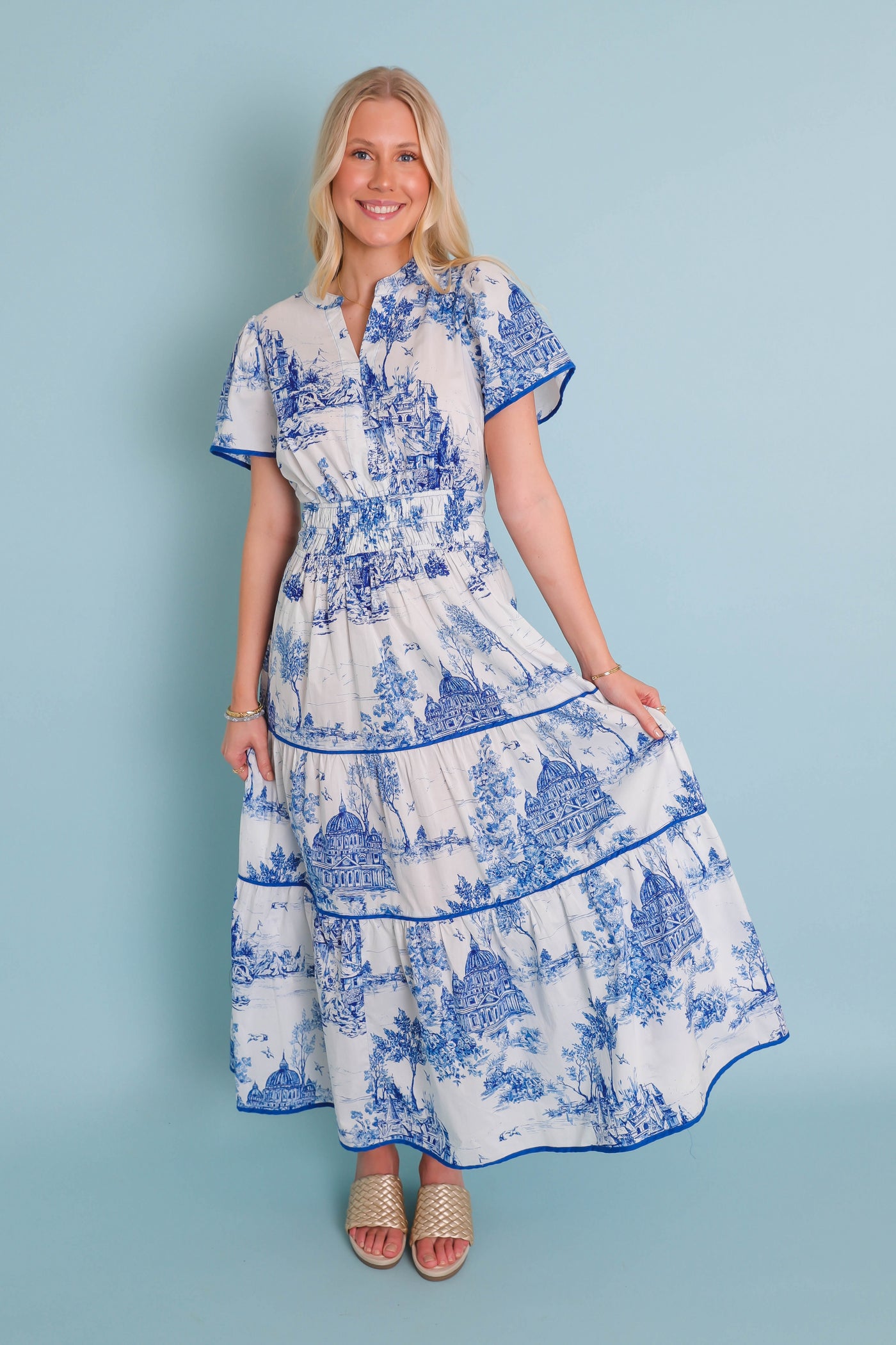 Landscape Print Tiered Dress- Coastal Grandmother Dress- Umgee Blue Print Dress