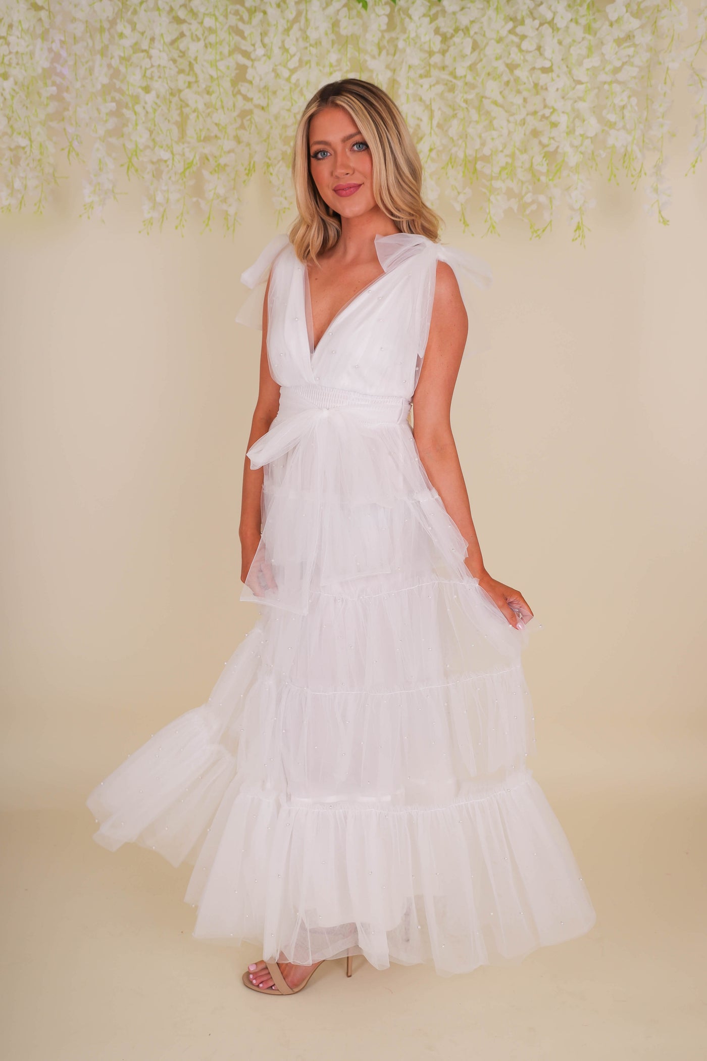 White Pearl Tulle Midi Dress- Bridal Tulle Pearl Dress- Mable Tulle Pearl Midi