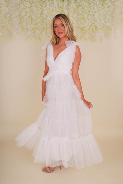 White Pearl Tulle Midi Dress- Bridal Tulle Pearl Dress- Mable Tulle Pearl Midi