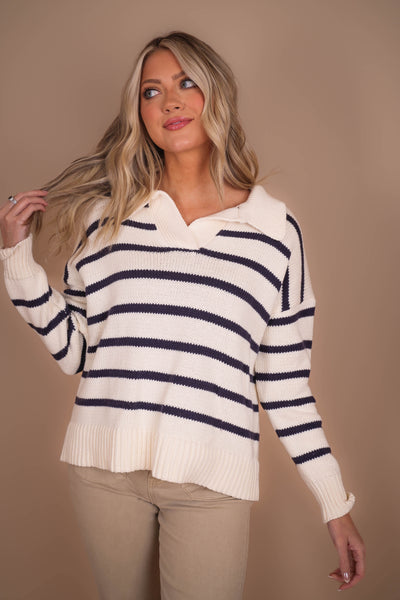 Women's Classic Stripe Sweater- Women's Striped Collar Sweater- Women's Preppy Sweaters