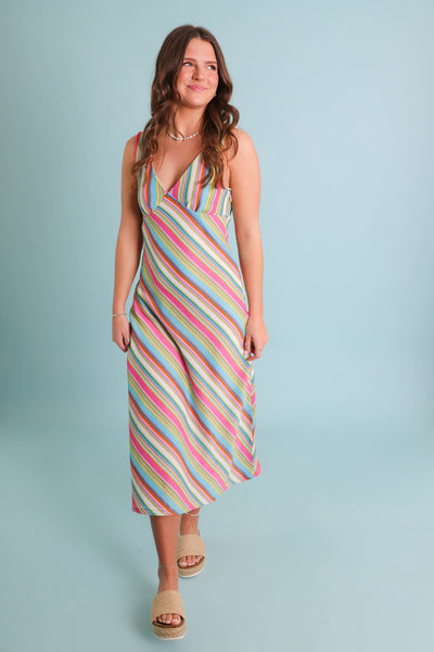 Rainbow Knit Midi Dress- Women's Vacation Dresses- Colorful Knit Dress