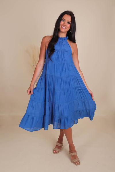 Chic High Neck Midi Dress- Women's Blue Midi Dress- Umgee Maxi Dress