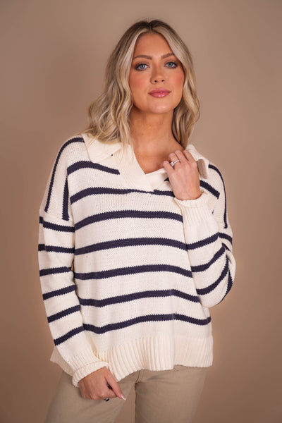 Women's Classic Stripe Sweater- Women's Striped Collar Sweater- Women's Preppy Sweaters