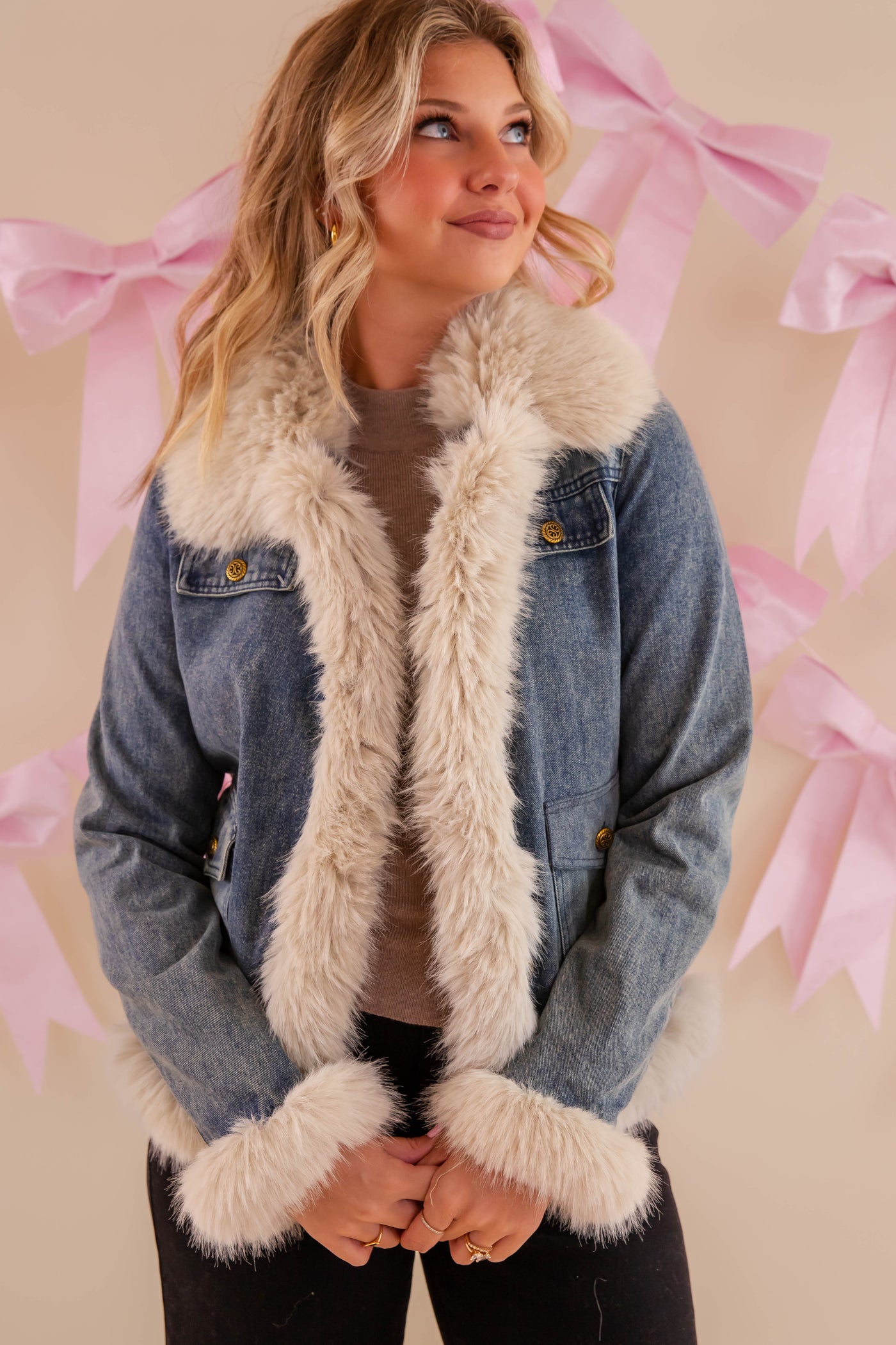 Denim Jacket with Faux Fur Trim, Denim and Fur Jacket- Coalition Denim Fur Coat