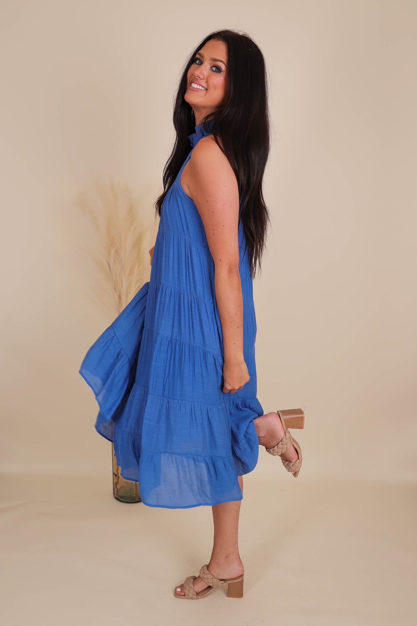 Chic High Neck Midi Dress- Women's Blue Midi Dress- Umgee Maxi Dress