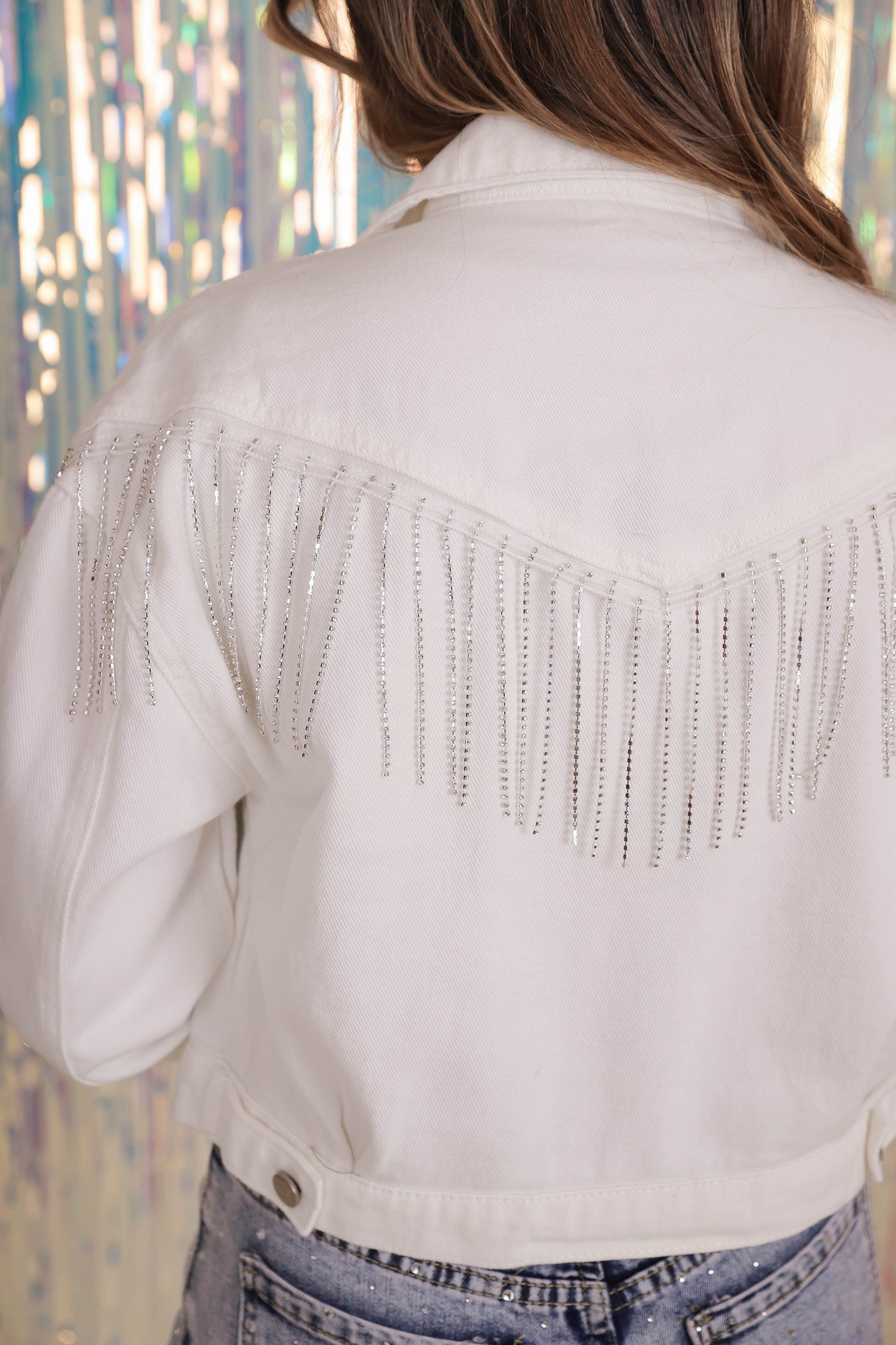 White Denim Rhinestone Jacket- White Rhinestone Fringe Jacket- Bling White Jacket