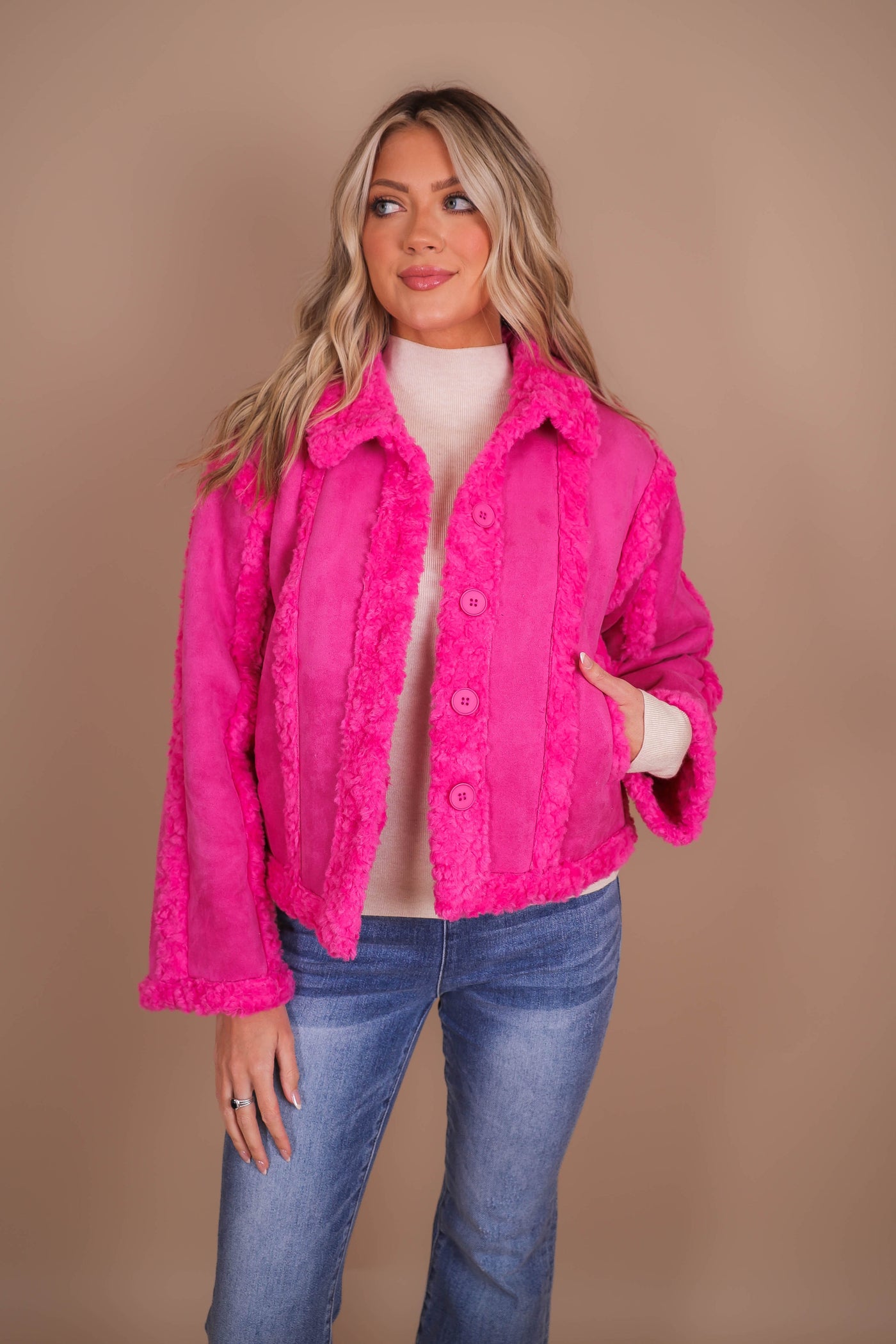 Women's Hot Pink Coat- Pink Faux Fur Coat- Strut & Bolt Jackets