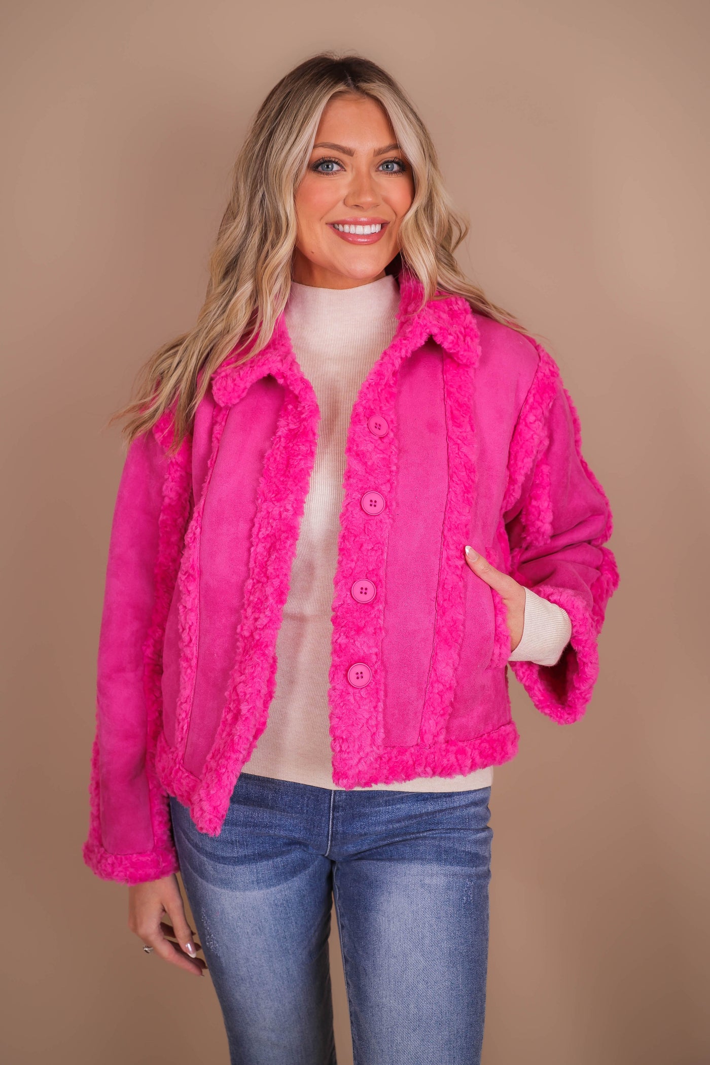 Women's Hot Pink Coat- Pink Faux Fur Coat- Strut & Bolt Jackets