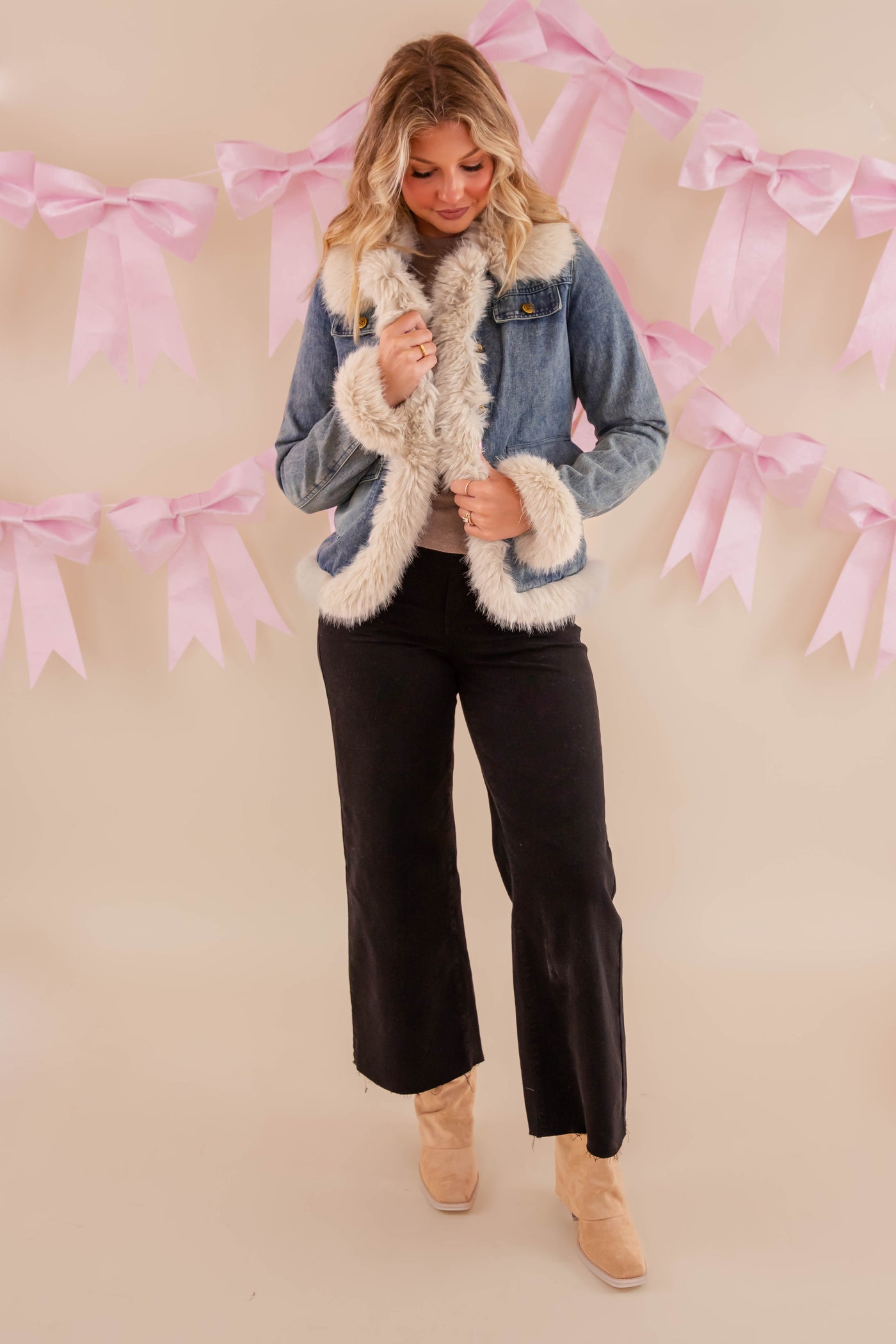Denim Jacket with Faux Fur Trim, Denim and Fur Jacket- Coalition Denim Fur Coat
