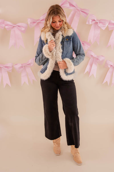 Denim Jacket with Faux Fur Trim, Denim and Fur Jacket- Coalition Denim Fur Coat