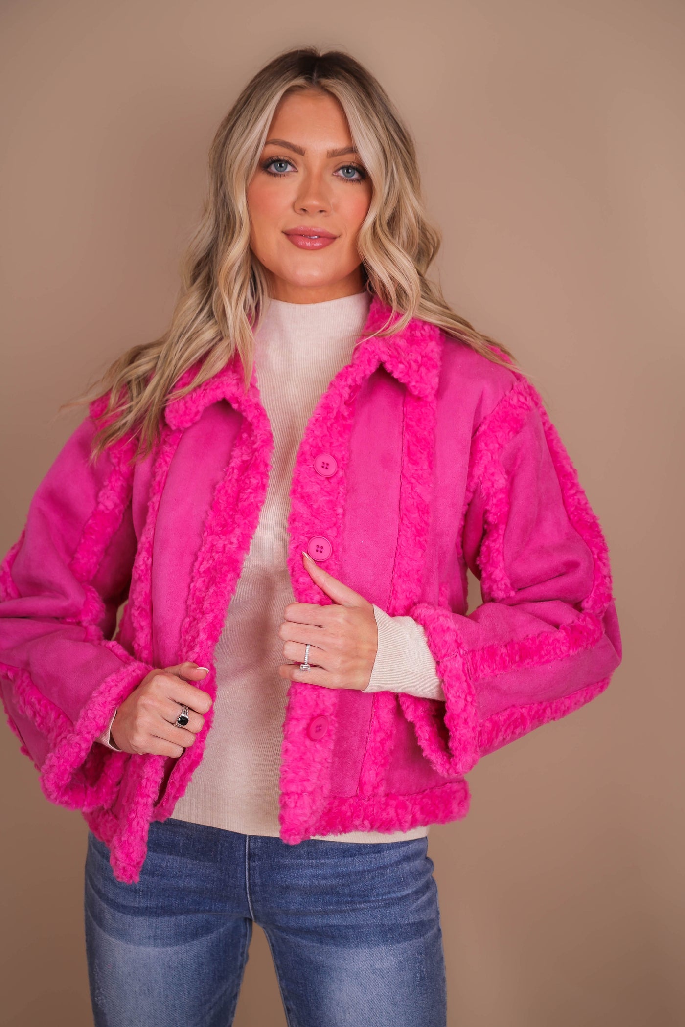 Women's Hot Pink Coat- Pink Faux Fur Coat- Strut & Bolt Jackets