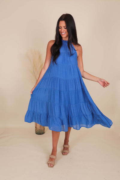 Chic High Neck Midi Dress- Women's Blue Midi Dress- Umgee Maxi Dress