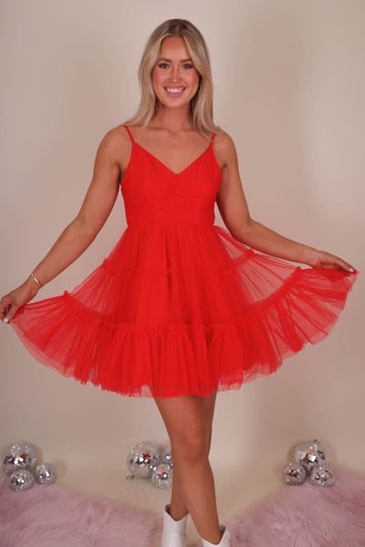 Women's Red Tulle Dress- Women's Red Dress Boutique- Women's Tulle Dresses