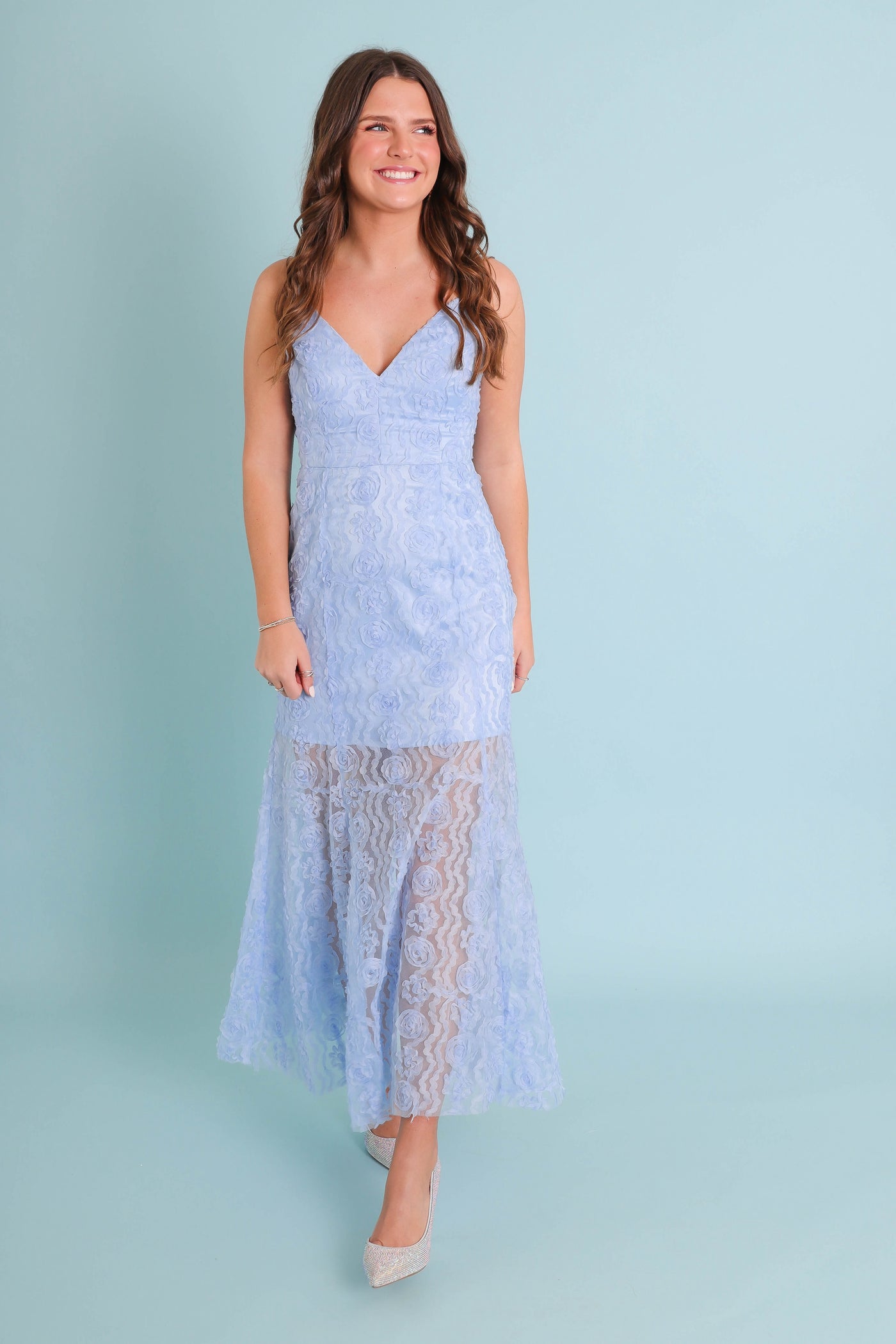 Baby Blue 3D Floral Dress- Floral Lace Midi Dress- Women's 3D Flower Dress