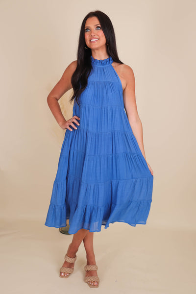 Chic High Neck Midi Dress- Women's Blue Midi Dress- Umgee Maxi Dress