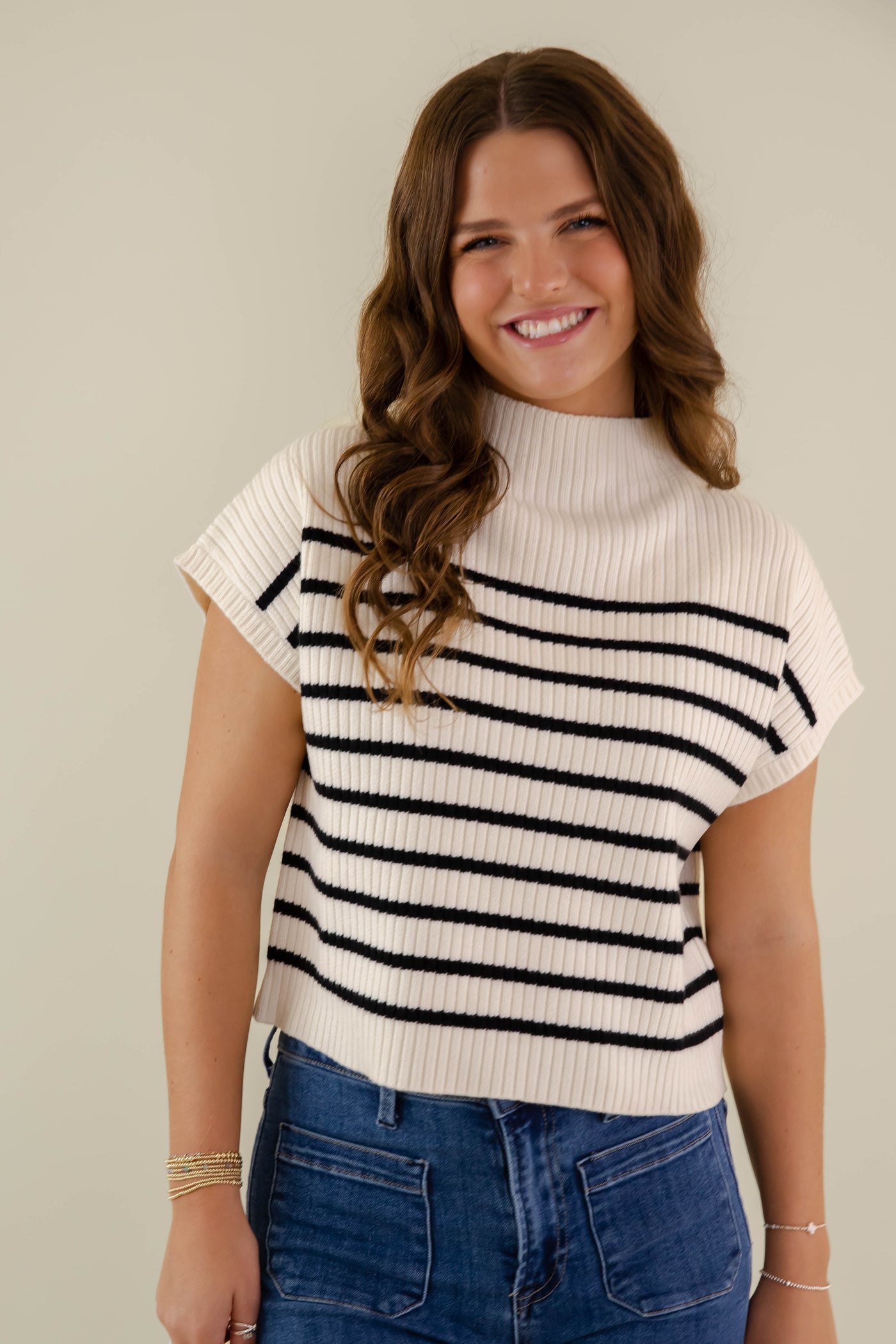 Ribbed Knit Sweater For Women- Women's Black and White Stripe Sweater- Women's Preppy Winter Tops