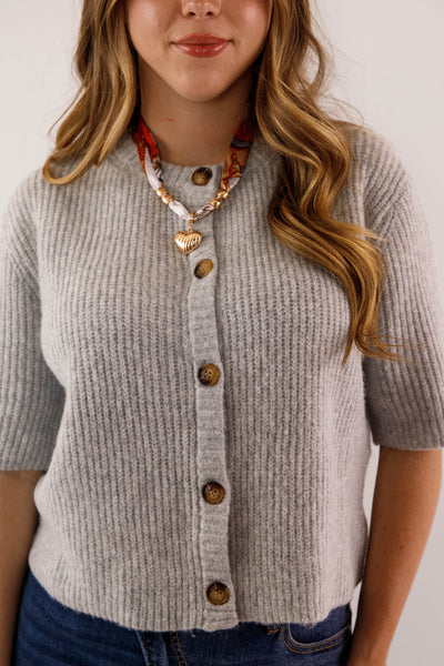 Women's Grey Button Up Cardigan-  Classic Grey Short Sleeved Cardigan- Miss Love Grey Cardigan