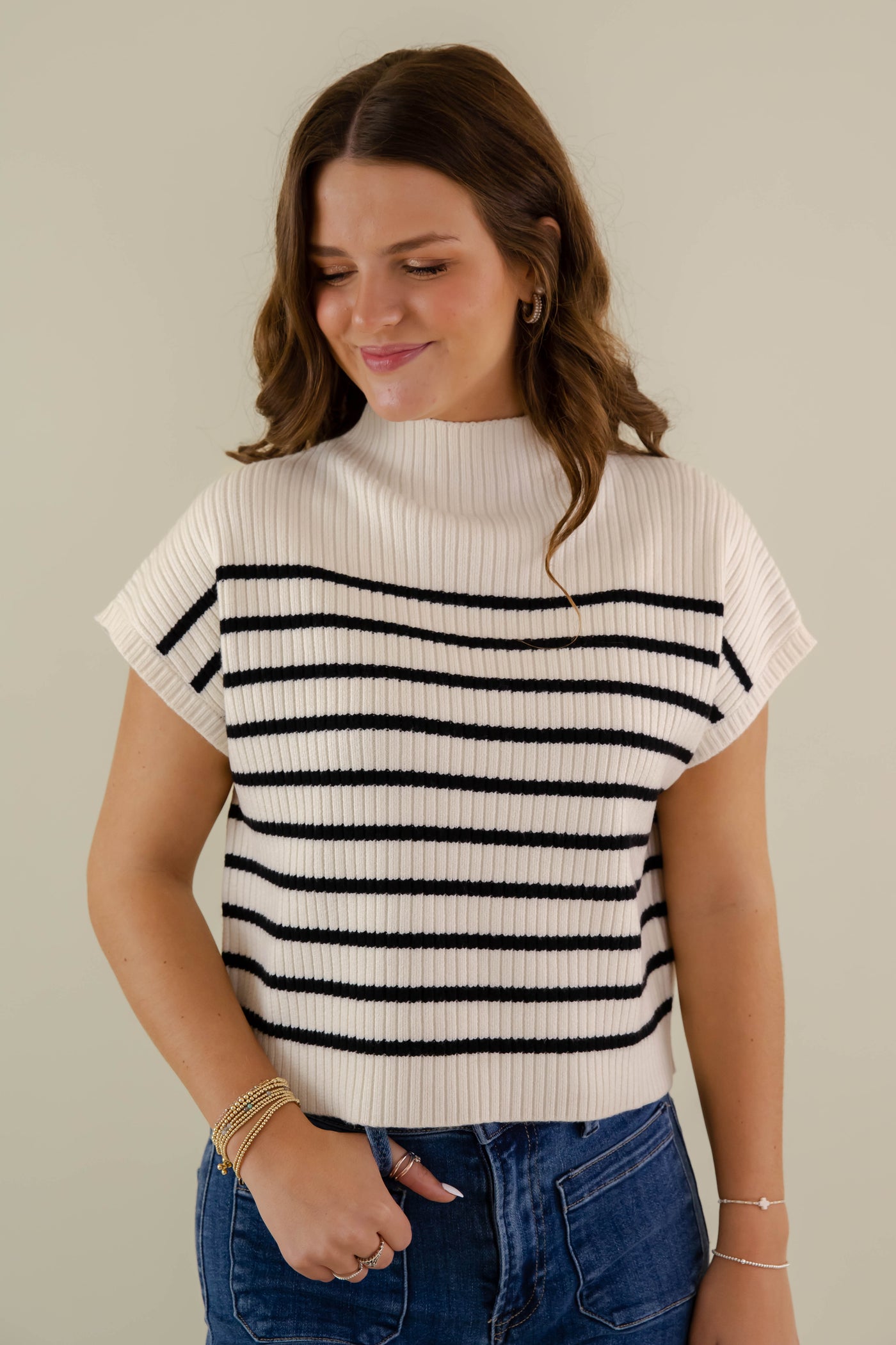 Ribbed Knit Sweater For Women- Women's Black and White Stripe Sweater- Women's Preppy Winter Tops