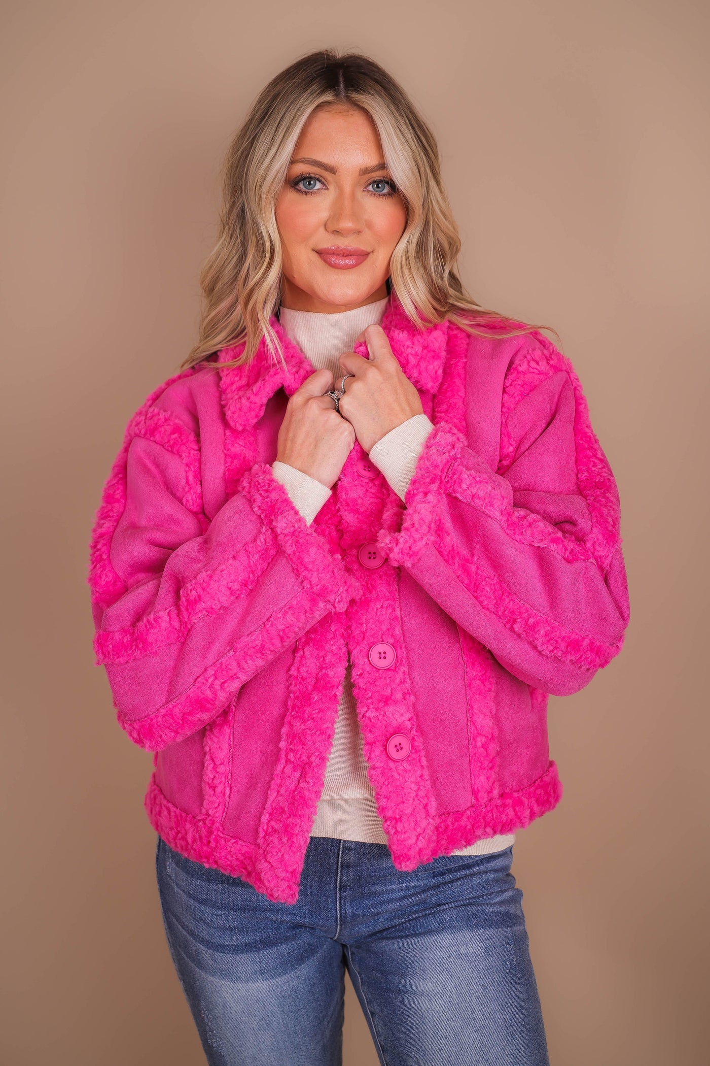 Women's Hot Pink Coat- Pink Faux Fur Coat- Strut & Bolt Jackets