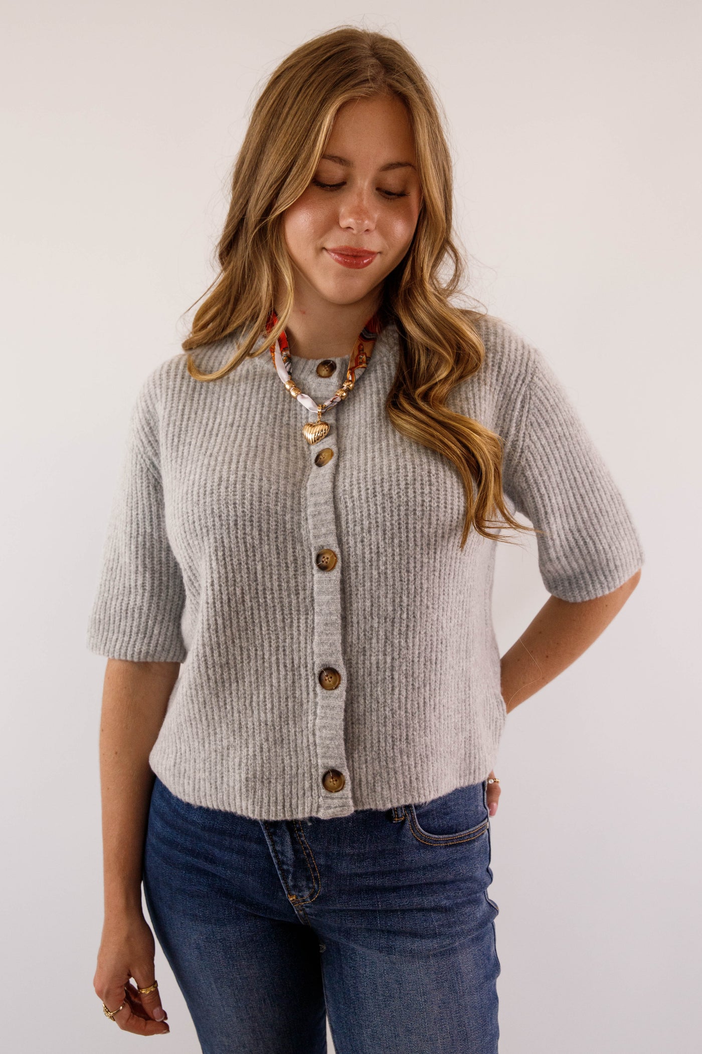 Women's Grey Button Up Cardigan-  Classic Grey Short Sleeved Cardigan- Miss Love Grey Cardigan