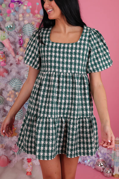 Women's Green and White Tweed Dress- Women's Houndstooth Dress- Entro Dresses