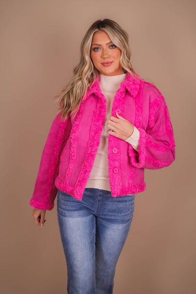 Women's Hot Pink Coat- Pink Faux Fur Coat- Strut & Bolt Jackets