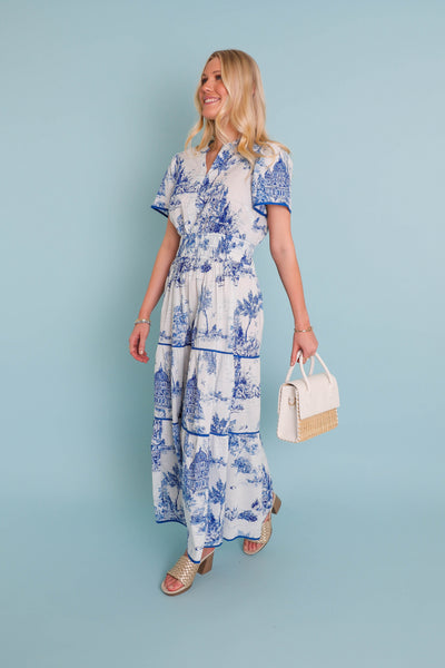 Landscape Print Tiered Dress- Coastal Grandmother Dress- Umgee Blue Print Dress