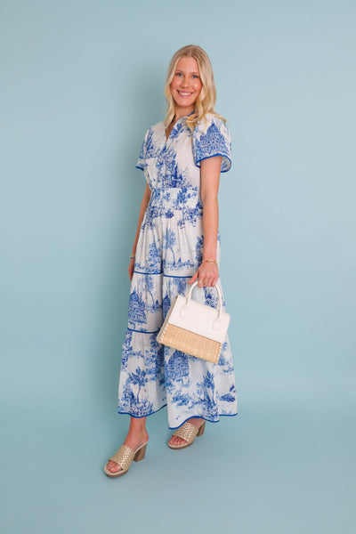 Landscape Print Tiered Dress- Coastal Grandmother Dress- Umgee Blue Print Dress